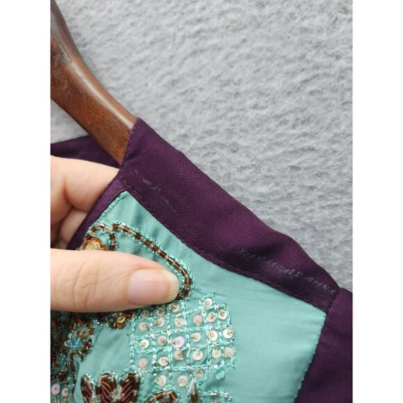 Embroidered Rubashka Couture Purple & Teal Kaftan Long Dress With Beaded Detail - Picture 7 of 9